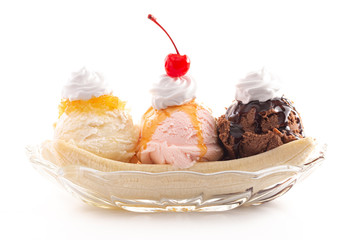 A Classic Banana Split Isolated on a White Background