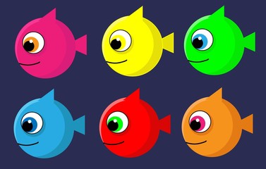 set of 6 cute vector cartoon fishes. marine inhabitants.