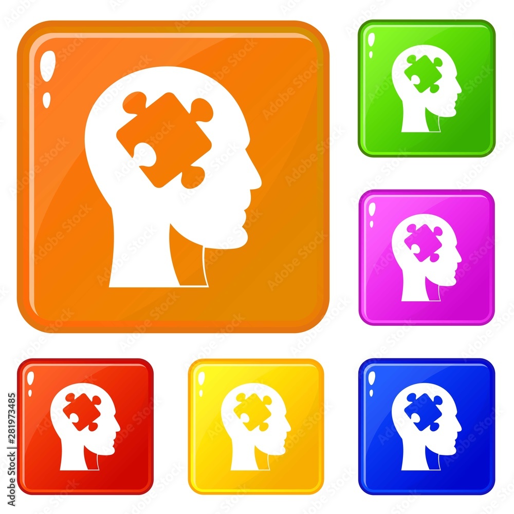 Poster head with puzzle icons set collection vector 6 color isolated on white background
