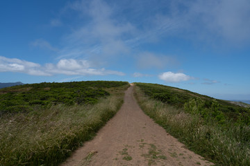 Fototapeta na wymiar Dirt path leading over hill with sun beginning to peek through clouds