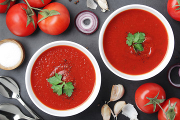 Two plates with gazpacho - traditional Spanish tomato soup