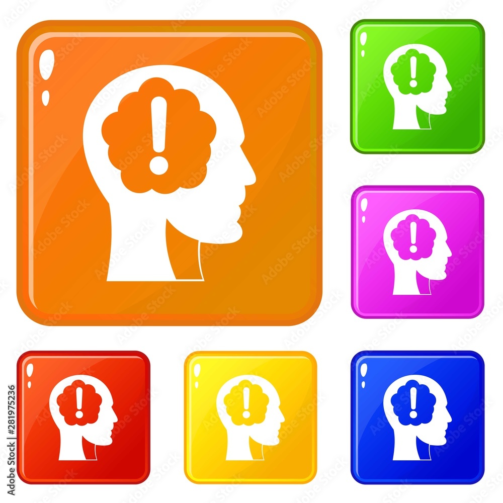 Poster head with exclamation mark inside icons set collection vector 6 color isolated on white background
