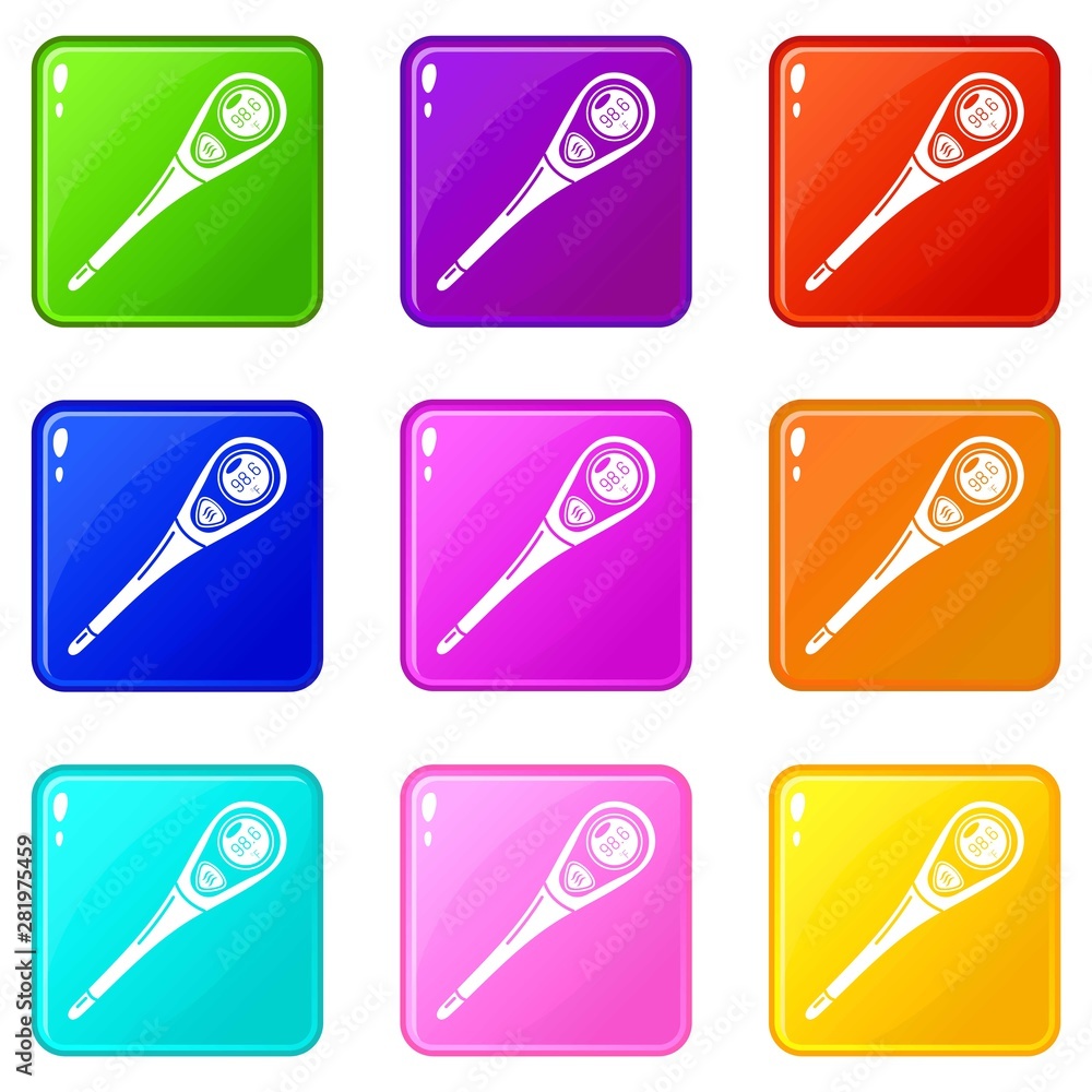 Poster diagnostic thermometer icons set 9 color collection isolated on white for any design