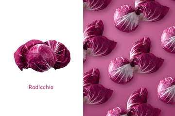 Creative layout made of red radicchio over purple background. Minimalism concept, panoramic image