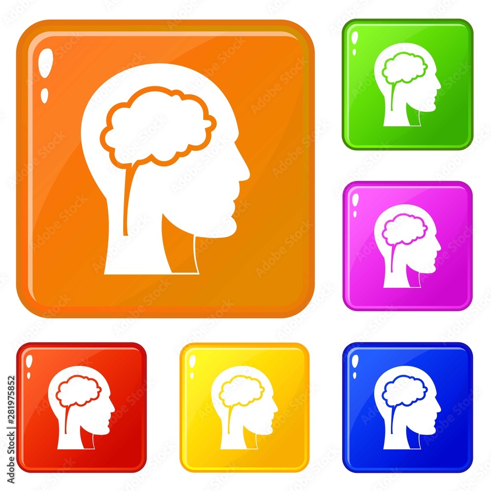 Poster head with brain icons set collection vector 6 color isolated on white background
