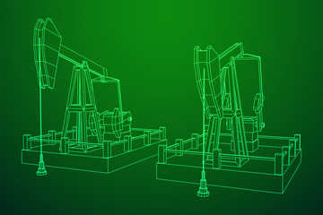 Oil well rig jack. Finance economy polygonal petrol production. Petroleum fuel industry pumpjack derricks pumping drilling. Wireframe low poly mesh vector illustration