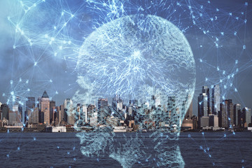 Brain hologram drawing on cityscape background multi exposure. Ai in modern city concept.