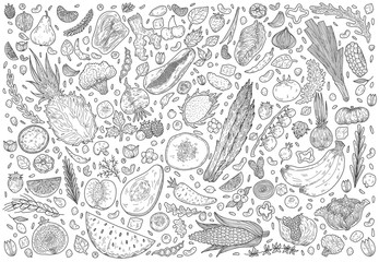 Set with hand drawn doodle fruits and vegetables. Flat icons set: onion, tomato, apple, pineapple, beet, lemon, pear, peas, strawberry, berries, carrot. Go vegan.