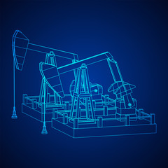 Oil well rig jack. Finance economy polygonal petrol production. Petroleum fuel industry pumpjack derricks pumping drilling. Wireframe low poly mesh vector illustration