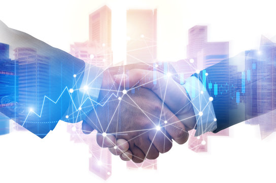 double exposure image of investor business man handshake with partner with digital network link connection and graph chart of stock market and cityscape background, investment and partnership concept