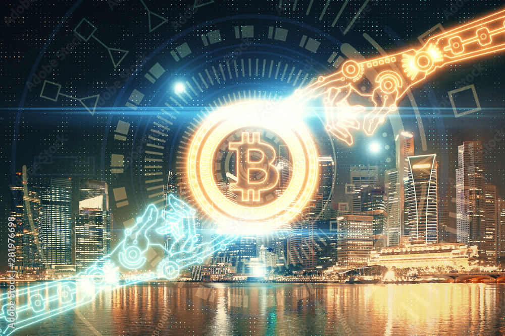 Poster multi exposure of cryptocurrency theme hologram drawing and city veiw background. concept of blockch