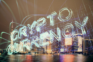 Multi exposure of cryptocurrency theme hologram drawing and city veiw background. Concept of blockchain and bitcoin.