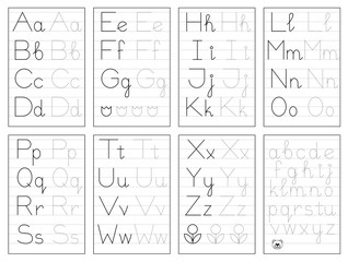 Set of black and white educational pages on line for kids. Trace alphabet letters. Printable worksheet for children textbook. Developing skills of writing. Vector for baby book. Back to school.
