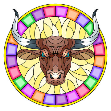 Illustration in stained glass style with  bull head in round bright frame on white background