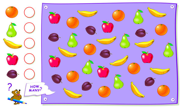 Printable educational page for kids. Count the quantity of fruits and write the numbers in circles. Worksheet for baby book. Logical puzzle game. Back to school. Development counting skills.