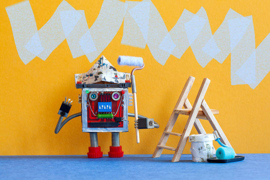 Painter decorator robot ready for interior improvement. Funny robotic worker with paint rollers and buckets, yellow white colored wall room