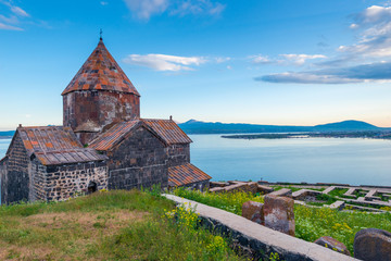 Fototapeta na wymiar Armenia’s famous heritage, Lake Sevan and view of Sevanavank Monastery