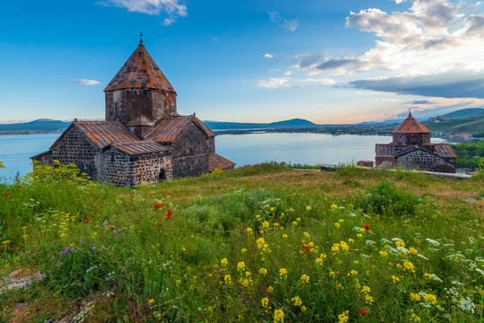 Sevanavank Monastery on Lake Sevan at sunset, Armenia
