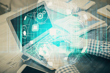 Social network theme hologram with businessman working on computer on background. Concept of world wide web. Double exposure.