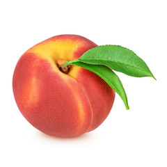 Red peach with leaf isolated on white background