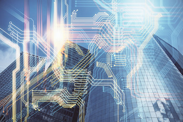 Map and data theme hologram on city view with skyscrapers background double exposure. International technology in business concept.