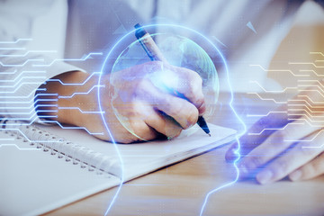 Man with multi exposure atificial intelligence brain icons.