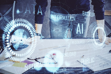 Man hands with data theme double exposure icons.