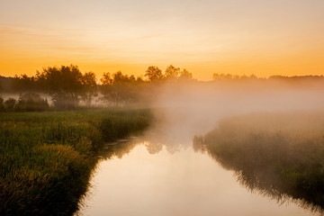 beautiful morning at Rogers Reservoir Conservation Area East Gwillimbury Ontario Canada with grasses, trees, fog, bridge, and river