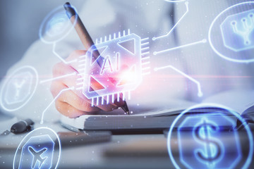 Multi exposure of hands making notes with world map hologram and data theme icons. Concept of global data.