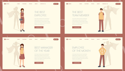 Best worker landing page vector template set. Super manager, employee, team member website, webpage. Excellent personnel, professionals, specialists with superhero shadow cartoon character