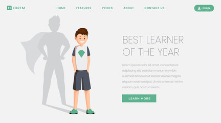 Best learner landing page vector template. Best student, excellent schoolkid of year website, webpage. Happy schoolboy with superhero shadow, teenager celebrating victory cartoon character