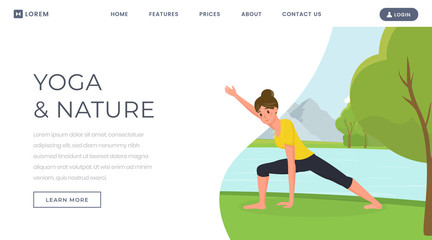 Fototapeta na wymiar Yoga flat landing page vector template. Woman training body on nature, keeping fit website, webpage. Relaxed young girl practicing yoga outdoors, exercising and stretching classes cartoon character