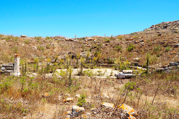 view of the small theater of Syrian divinities in the archaeological city of Delos Island, near Mykonos, beautiful Cycladic island, in the heart of the Aegean Sea.