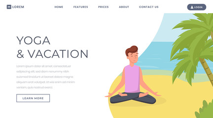 Meditation flat landing page vector template. Yoga during vacation, yoga classes website, webpage. Male yogi concentrating on beach, relaxing and meditating in lotus posture cartoon character