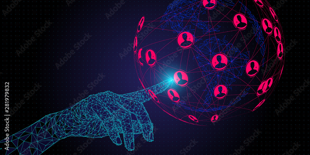 Poster Low polygon Hand touching Telecommunication network and wireless mobile internet technology  with 5G LTE data connection of global business, fintech, blockchain.