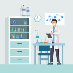 Naklejka na ściany i meble Researcher at work vector illustration. Male lab worker taking notes, describing test, chemical reaction cartoon character. Cheerful researcher doing experiments in laboratory, using lab equipment