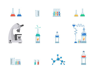 Lab equipment flat vector illustration set. Test tubes, chemistry beakers with liquids, measuring cup isolated on white background. Laboratory microscope, flasks heating system, molecule structure