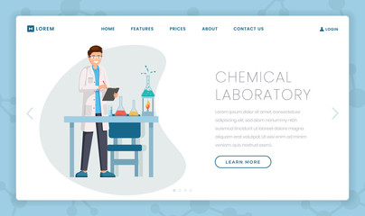 Chemical laboratory flat landing page template. Researcher, scientist in white coat describing chemical reaction results. Modern research center, innovative lab webpage design layout