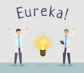 Scientists discovery flat banner template. Happy researchers excitement with raised index finger, eureka gesture cartoon characters. Lab workers having new idea, making breakthrough