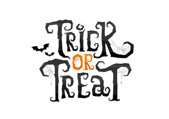 Trick or Treat scary calligraphy letters in cobweb. Vector Illustration isolated on white background for Halloween day. - obrazy, fototapety, plakaty