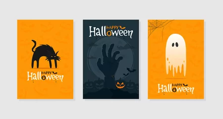 Foto op Aluminium Set of Happy Halloween greeting cards or poster. Spooky black cat, zombie hand, ghost, traditional symbols. Vector illustration. © nazarkru