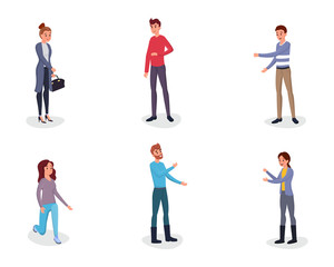People gesturing flat vector characters set. Cheerful man, woman expressing emotions with raised hands, mimic, pantomime movements. Young girl, lady kneeling, standing on knee isolated character