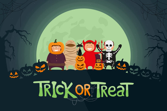 Happy Halloween vector illustration. Kids dressed in Halloween costume ready to go Trick or Treat. Spooky moonlight background.