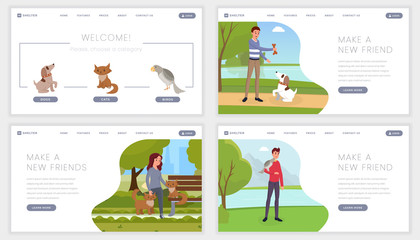 Pet shelter landing page templates set. Make new friend, find canine companion motto, slogan for abandoned animals care center. Volunteers rescue lost puppies, cats, exotic birds website design layout