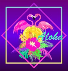 Neon violet background with colorful t-shirt tropical floral Hawaiian print and pair of cute pink flamingo