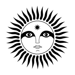 Sign of the sun with a man’s face. The spirit of the sun. Symbolic, magical symbol. Vector graphics art.