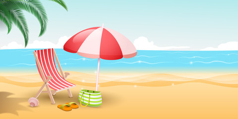 Fototapeta na wymiar Tropical island resort vector illustration. Travelers paradise with sandy beach, blue sea and palm trees. Striped deckchair, umbrella and bag on sunny day, seaside vacation, summertime relax