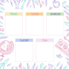 Timetable for school and on every day. Hand drawn school elements. Doodles of school supplies, pencil, paints, brushes, globe, paper ship, apple