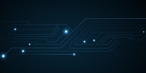 Modern computer circuit background. Hi-tech design. Circuit board. Electronic network. Glowing neon lights. Vector illustration