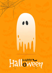 Holiday poster with ghost on orange background with pumpkins carved faces silhouettes. Halloween vector illustration template.